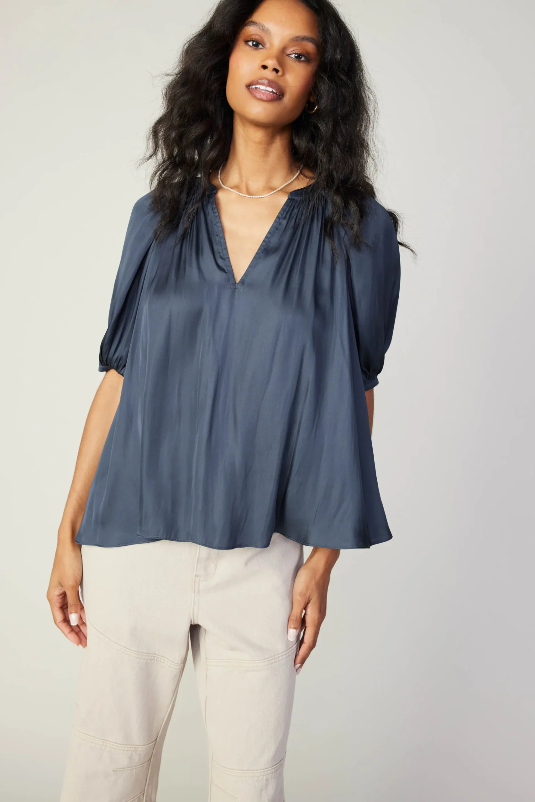 Short Sleeve Tops-Current Air Gathered Neckline Blouse SLATENAVY