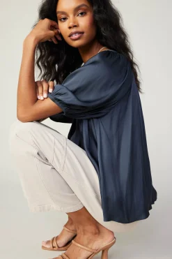 Short Sleeve Tops-Current Air Gathered Neckline Blouse SLATENAVY