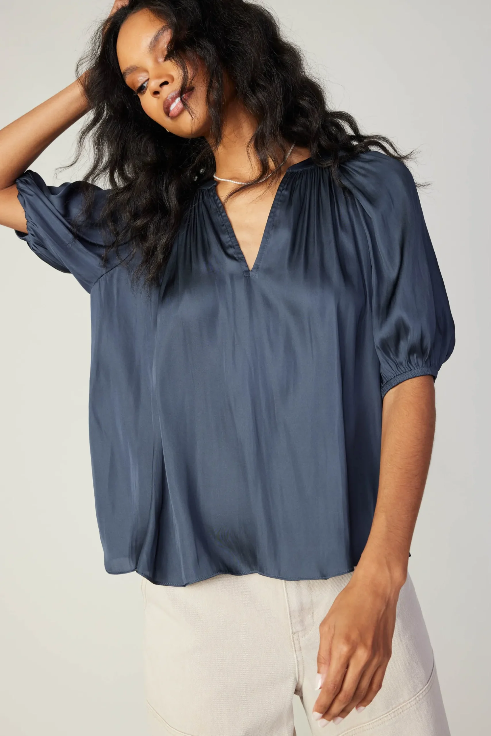 Short Sleeve Tops-Current Air Gathered Neckline Blouse SLATENAVY
