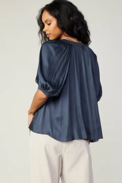 Short Sleeve Tops-Current Air Gathered Neckline Blouse SLATENAVY