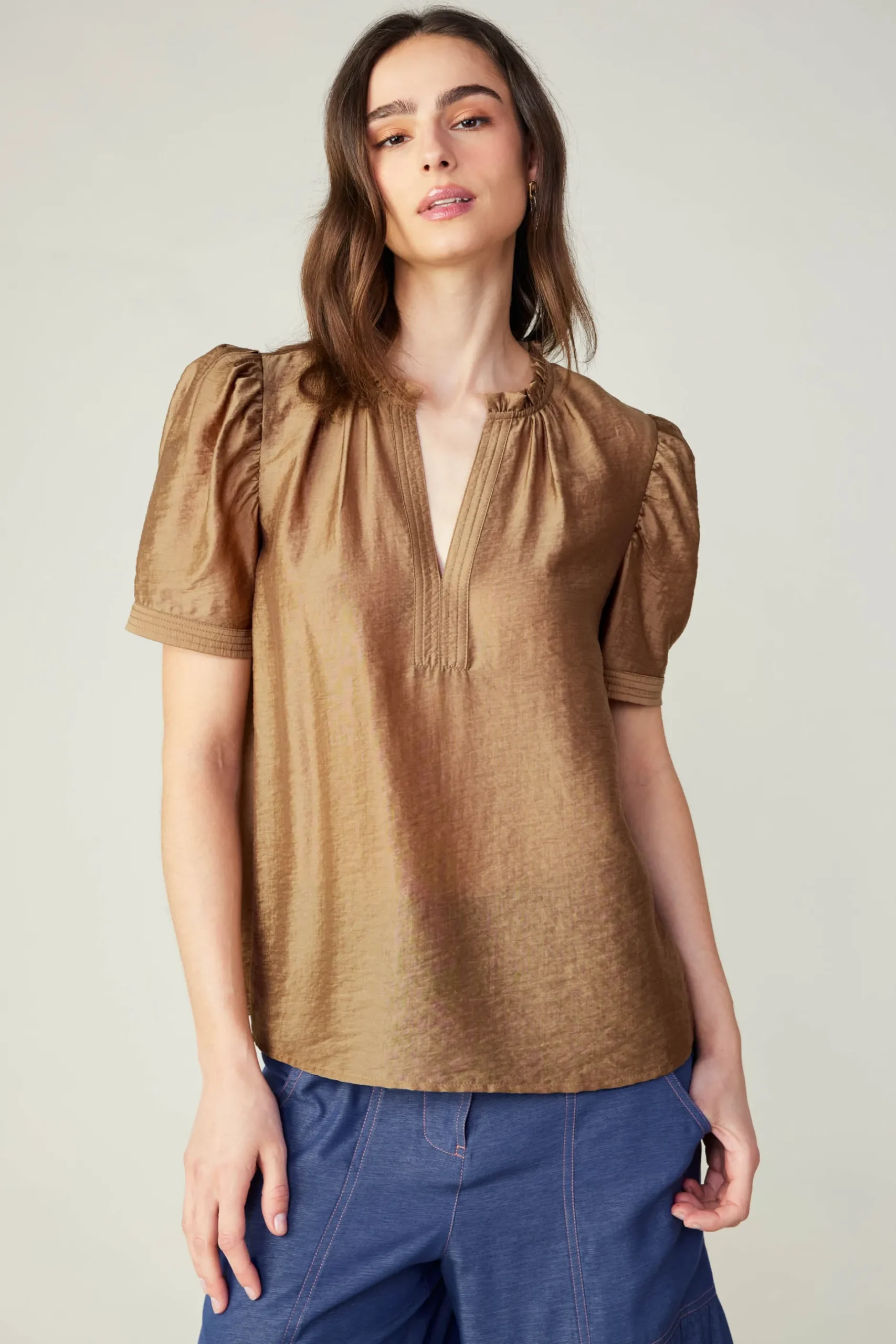 Short Sleeve Tops-Current Air Gathered Sleeve Blouse LATTE