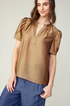 Short Sleeve Tops-Current Air Gathered Sleeve Blouse LATTE