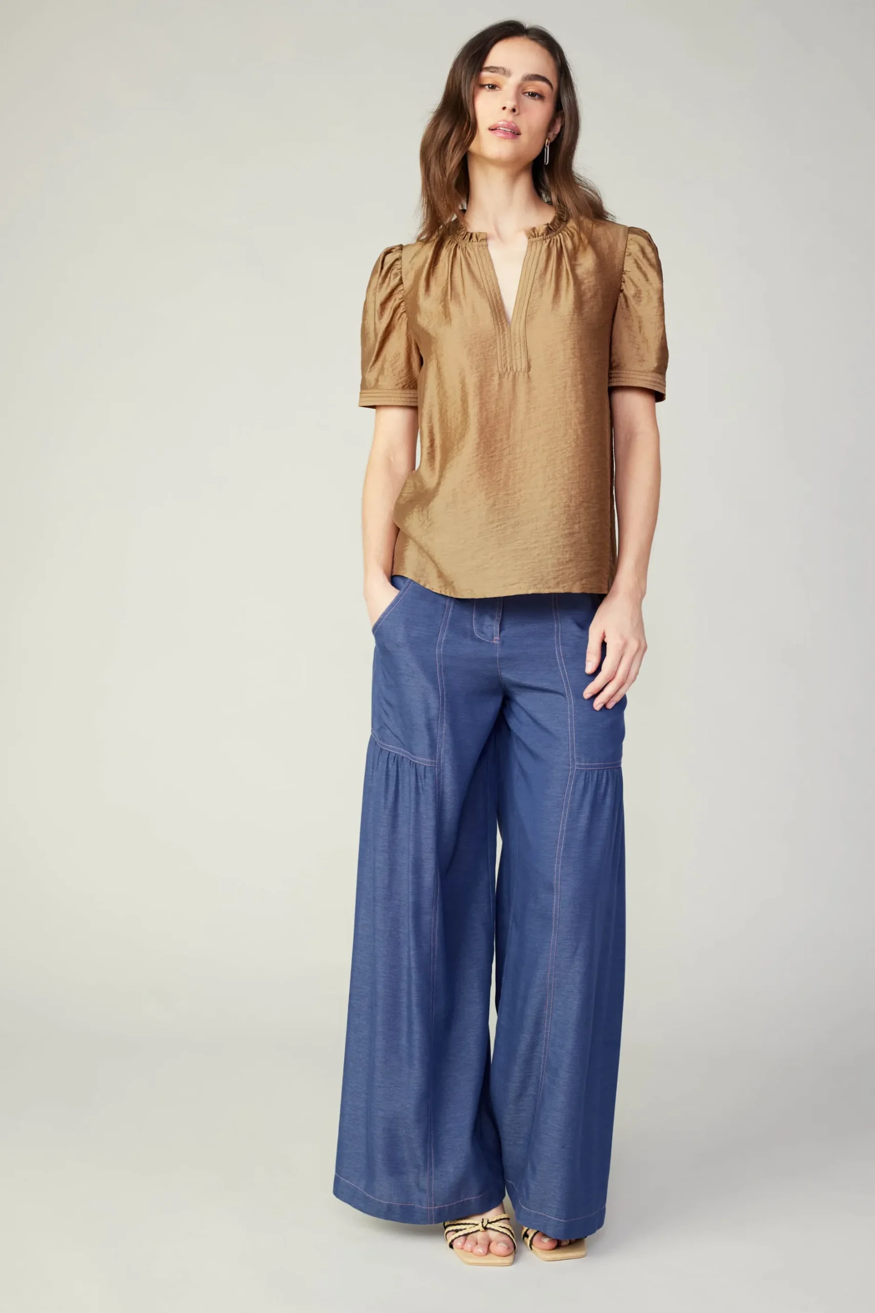 Short Sleeve Tops-Current Air Gathered Sleeve Blouse LATTE