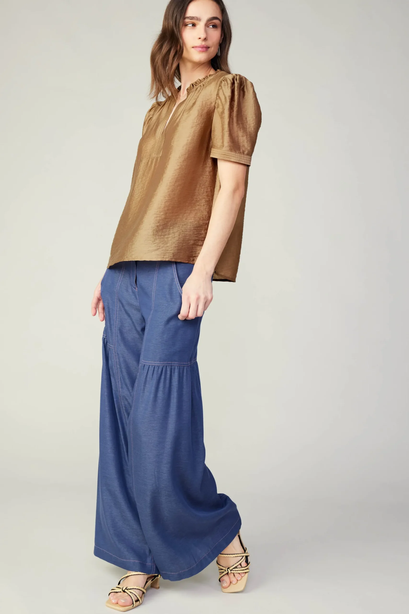 Short Sleeve Tops-Current Air Gathered Sleeve Blouse LATTE