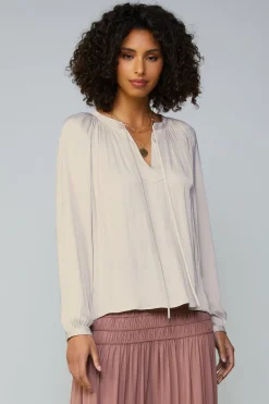 Long Sleeve Tops-Current Air Gathered Split Neck Blouse LIGHTTAUPE