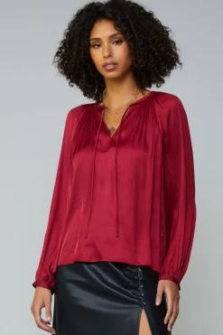 Long Sleeve Tops-Current Air Gathered Splitneck Blouse RUBY