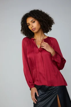Long Sleeve Tops-Current Air Gathered Splitneck Blouse RUBY