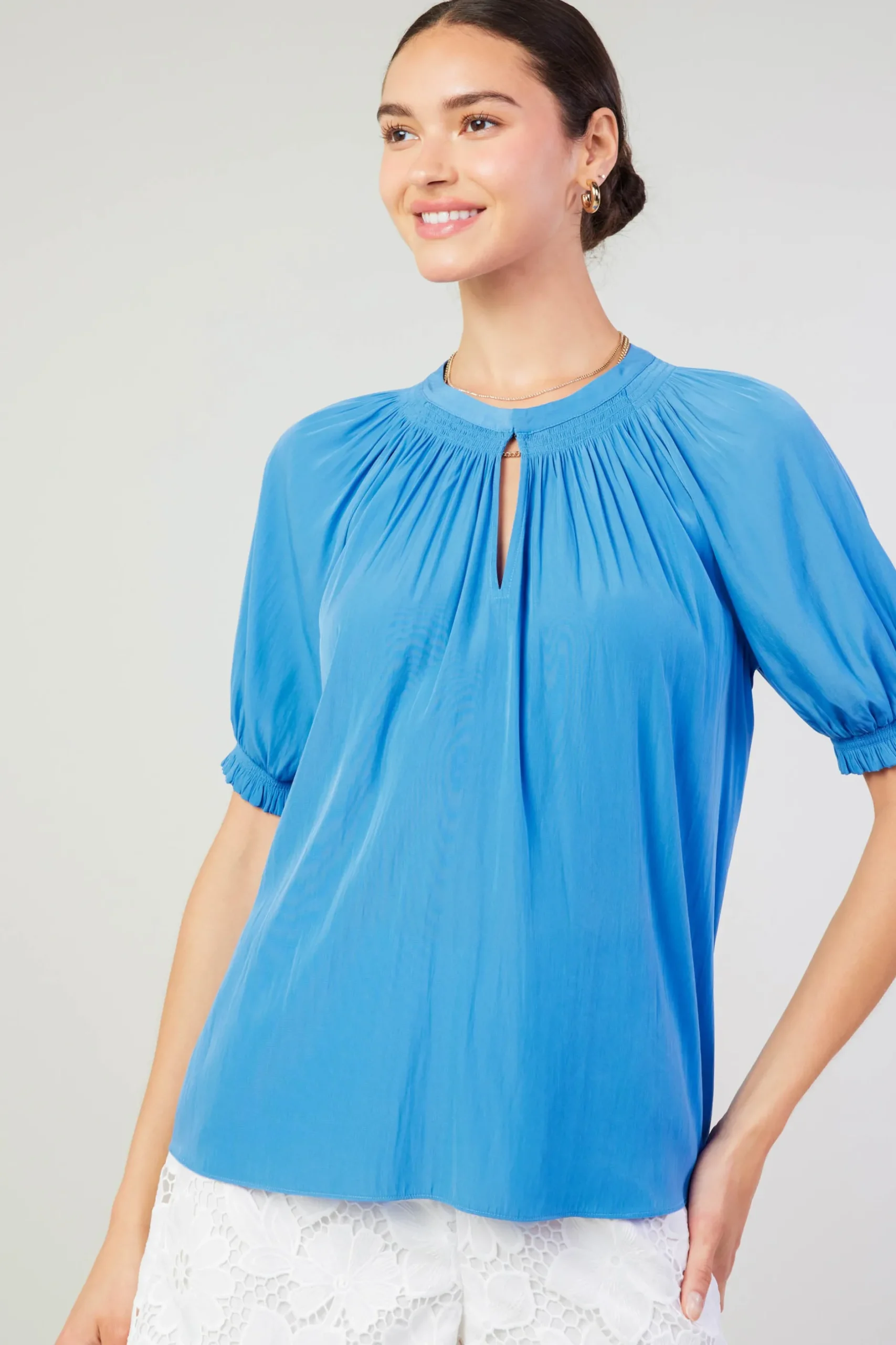 Short Sleeve Tops-Current Air Gathered Yoke Blouse FADEDBLUE