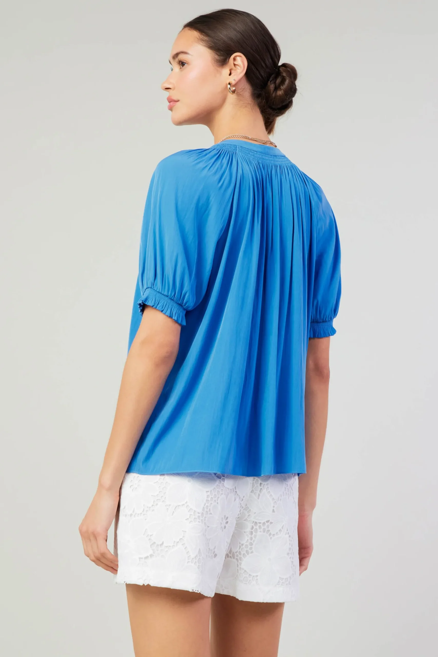 Short Sleeve Tops-Current Air Gathered Yoke Blouse FADEDBLUE