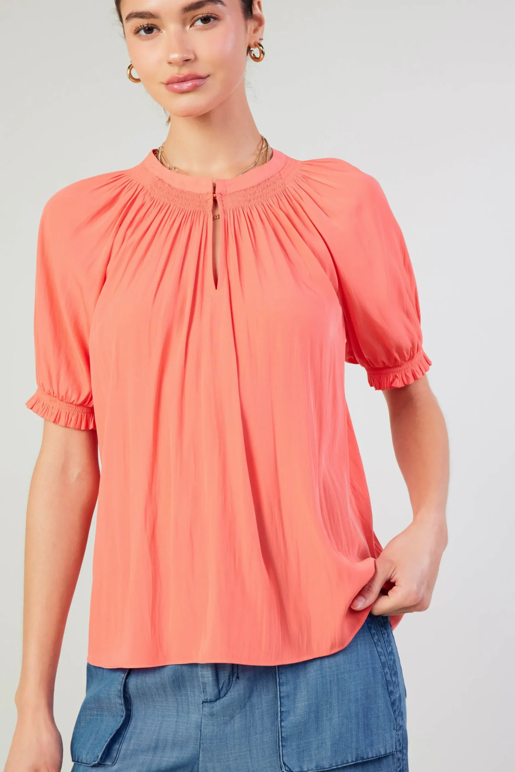 Short Sleeve Tops-Current Air Gathered Yoke Blouse CORAL
