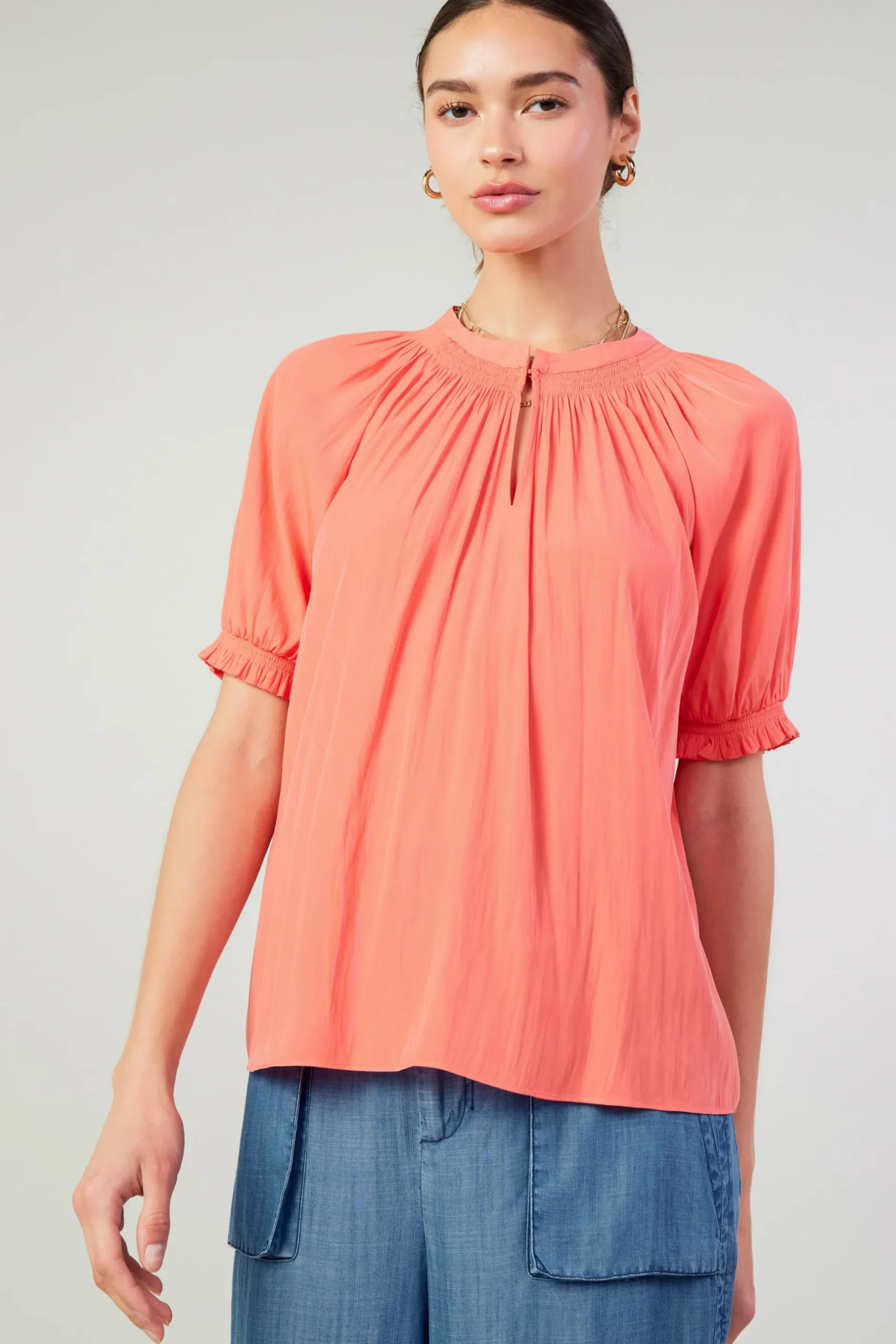 Short Sleeve Tops-Current Air Gathered Yoke Blouse CORAL