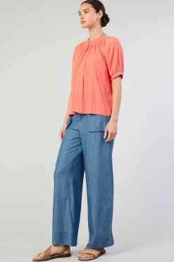 Short Sleeve Tops-Current Air Gathered Yoke Blouse CORAL