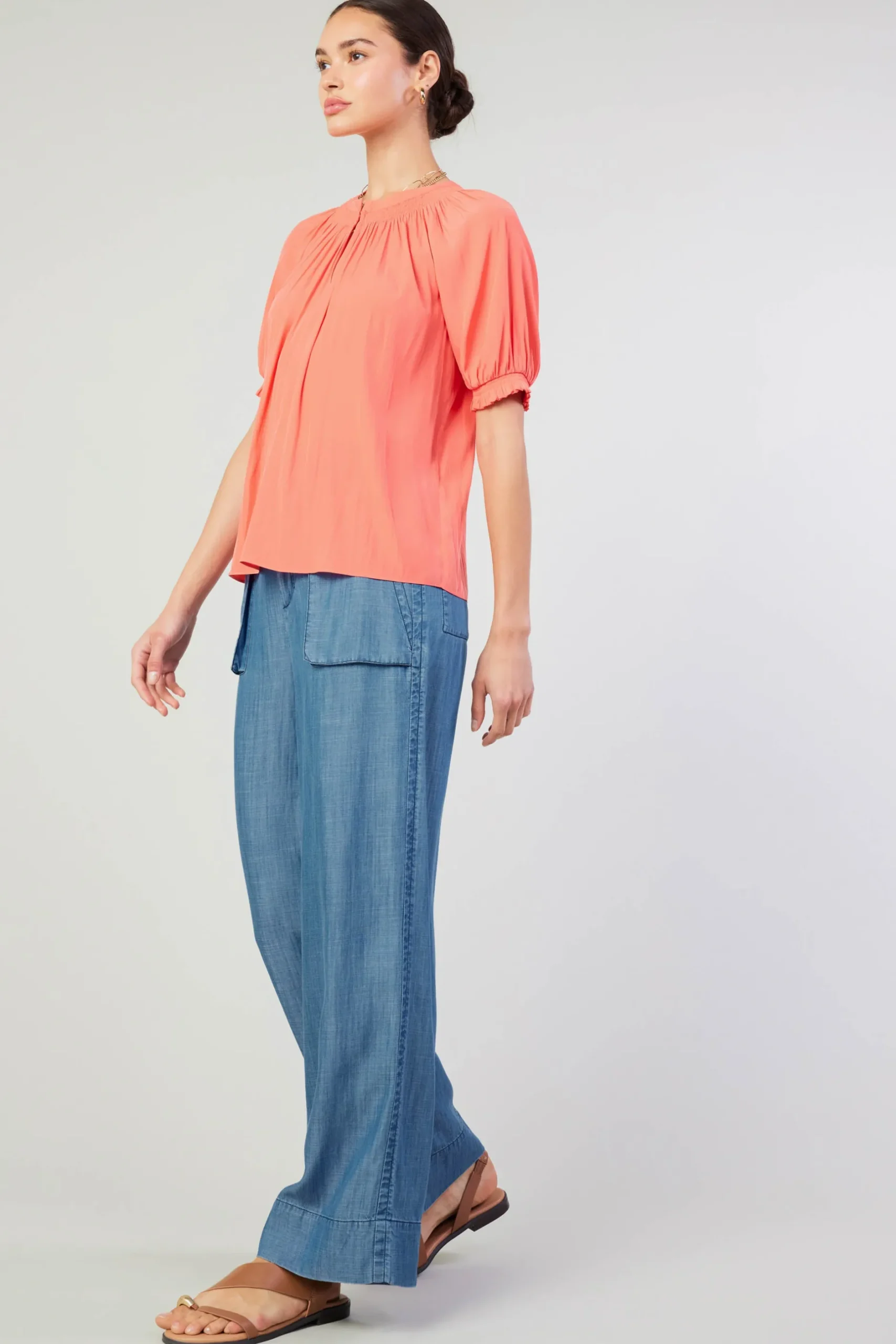 Short Sleeve Tops-Current Air Gathered Yoke Blouse CORAL