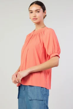 Short Sleeve Tops-Current Air Gathered Yoke Blouse CORAL