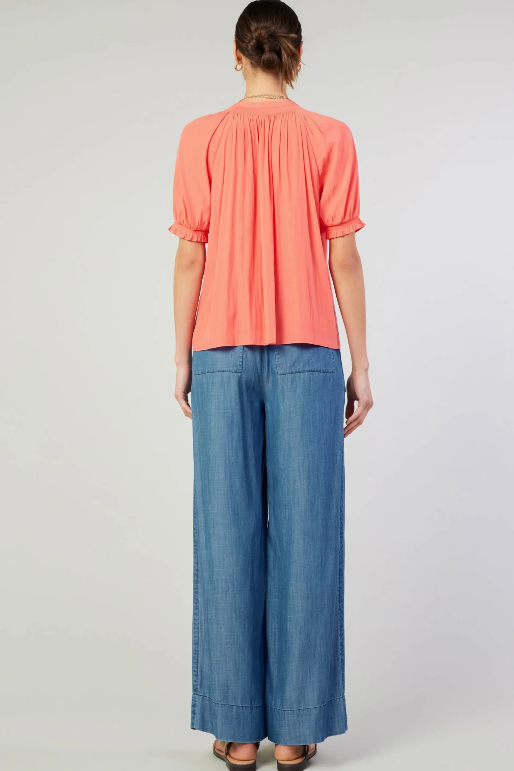 Short Sleeve Tops-Current Air Gathered Yoke Blouse CORAL
