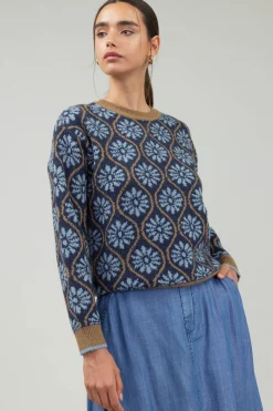 Knitwear|Long Sleeve Tops-Current Air Geo Floral Pullover Sweater BLUEMLT