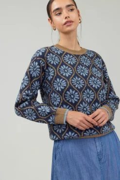 Knitwear|Long Sleeve Tops-Current Air Geo Floral Pullover Sweater BLUEMLT