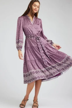 Maxi Dresses|Midi Dresses-Current Air Geo Printed Belted Midi Dress PURPLEMLT