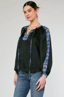 Long Sleeve Tops-Current Air Geometric Patterned Blouse BLACK