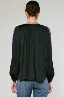Long Sleeve Tops-Current Air Geometric Patterned Blouse BLACK