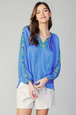Long Sleeve Tops-Current Air Geometric Patterned Blouse BLUE