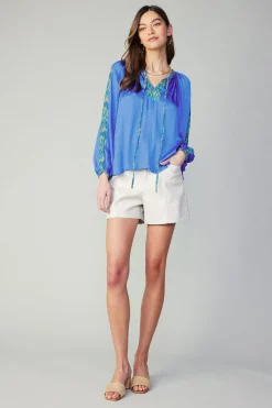 Long Sleeve Tops-Current Air Geometric Patterned Blouse BLUE