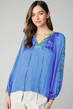 Long Sleeve Tops-Current Air Geometric Patterned Blouse BLUE