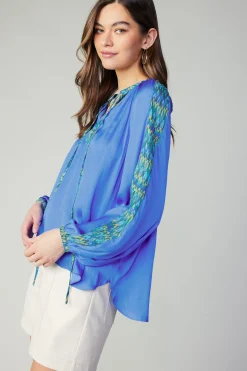 Long Sleeve Tops-Current Air Geometric Patterned Blouse BLUE