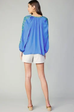Long Sleeve Tops-Current Air Geometric Patterned Blouse BLUE