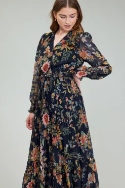 Maxi Dresses-Current Air Glimmer Botanical Maxi Dress NAVYMLT