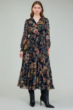 Maxi Dresses-Current Air Glimmer Botanical Maxi Dress NAVYMLT