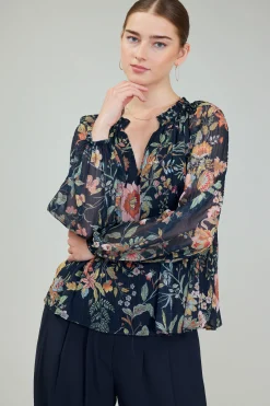Long Sleeve Tops-Current Air Glimmer Botanical Pleated Blouse NAVYMLT