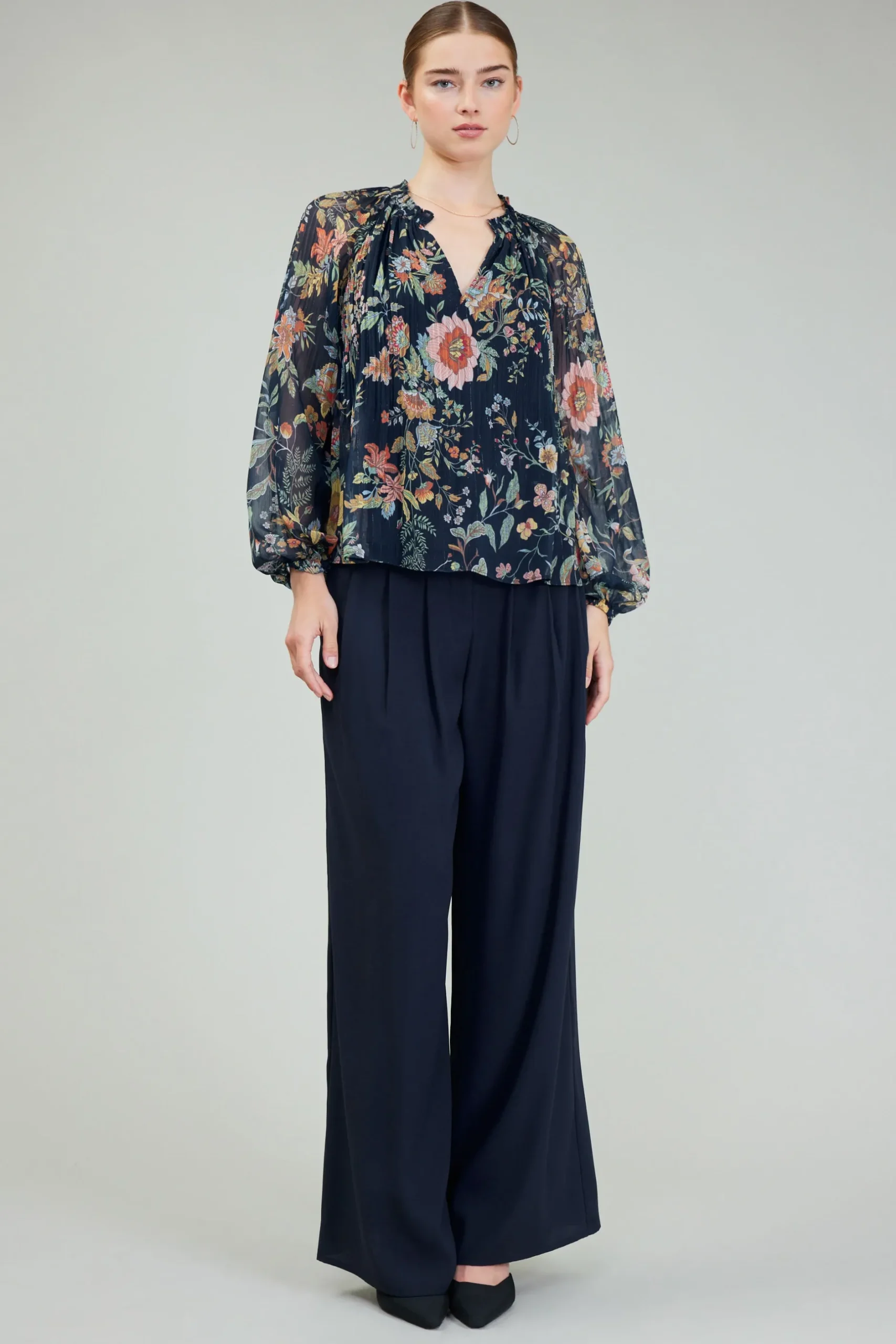 Long Sleeve Tops-Current Air Glimmer Botanical Pleated Blouse NAVYMLT