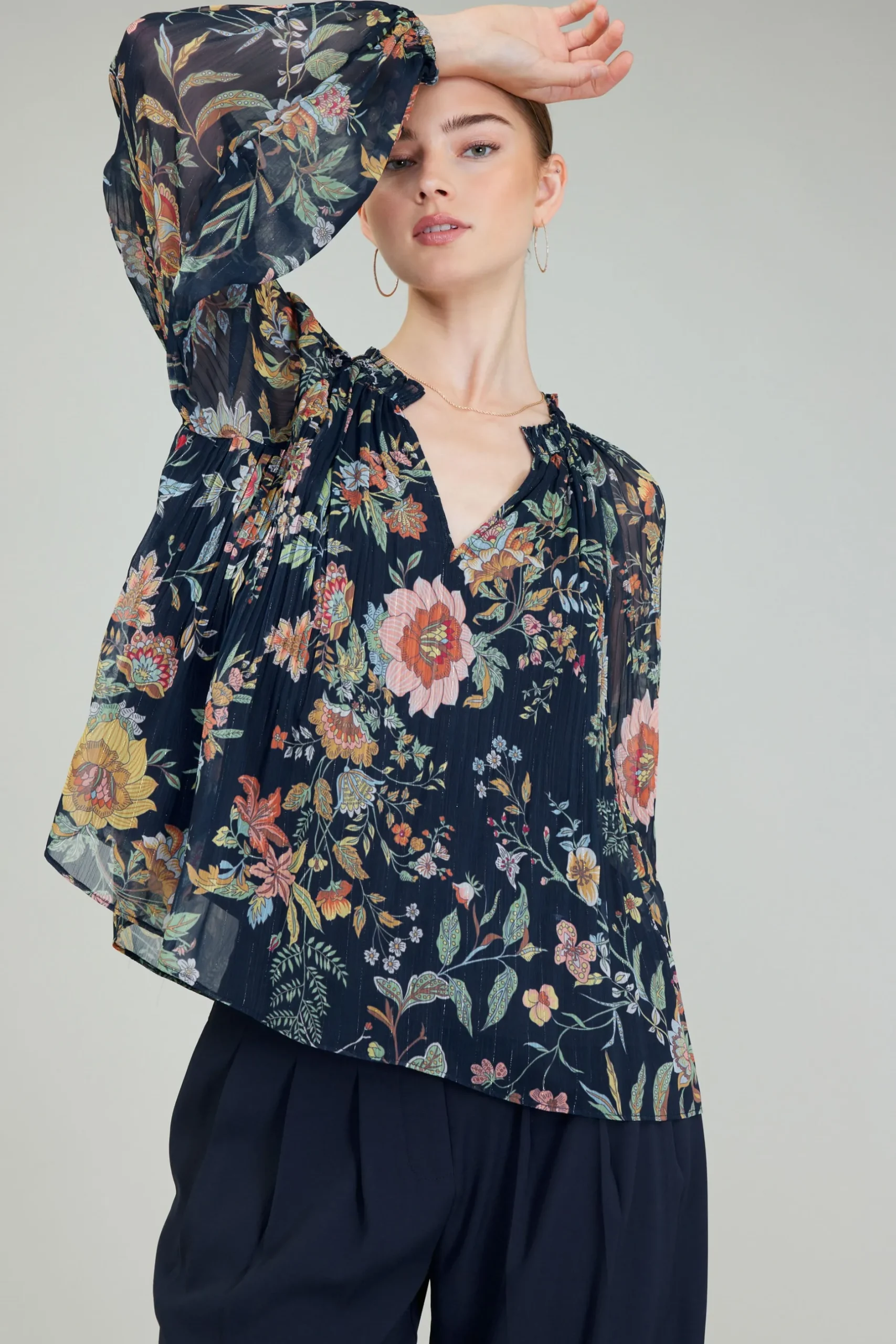 Long Sleeve Tops-Current Air Glimmer Botanical Pleated Blouse NAVYMLT