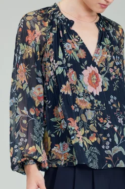 Long Sleeve Tops-Current Air Glimmer Botanical Pleated Blouse NAVYMLT