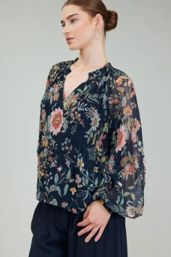 Long Sleeve Tops-Current Air Glimmer Botanical Pleated Blouse NAVYMLT