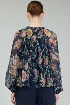 Long Sleeve Tops-Current Air Glimmer Botanical Pleated Blouse NAVYMLT