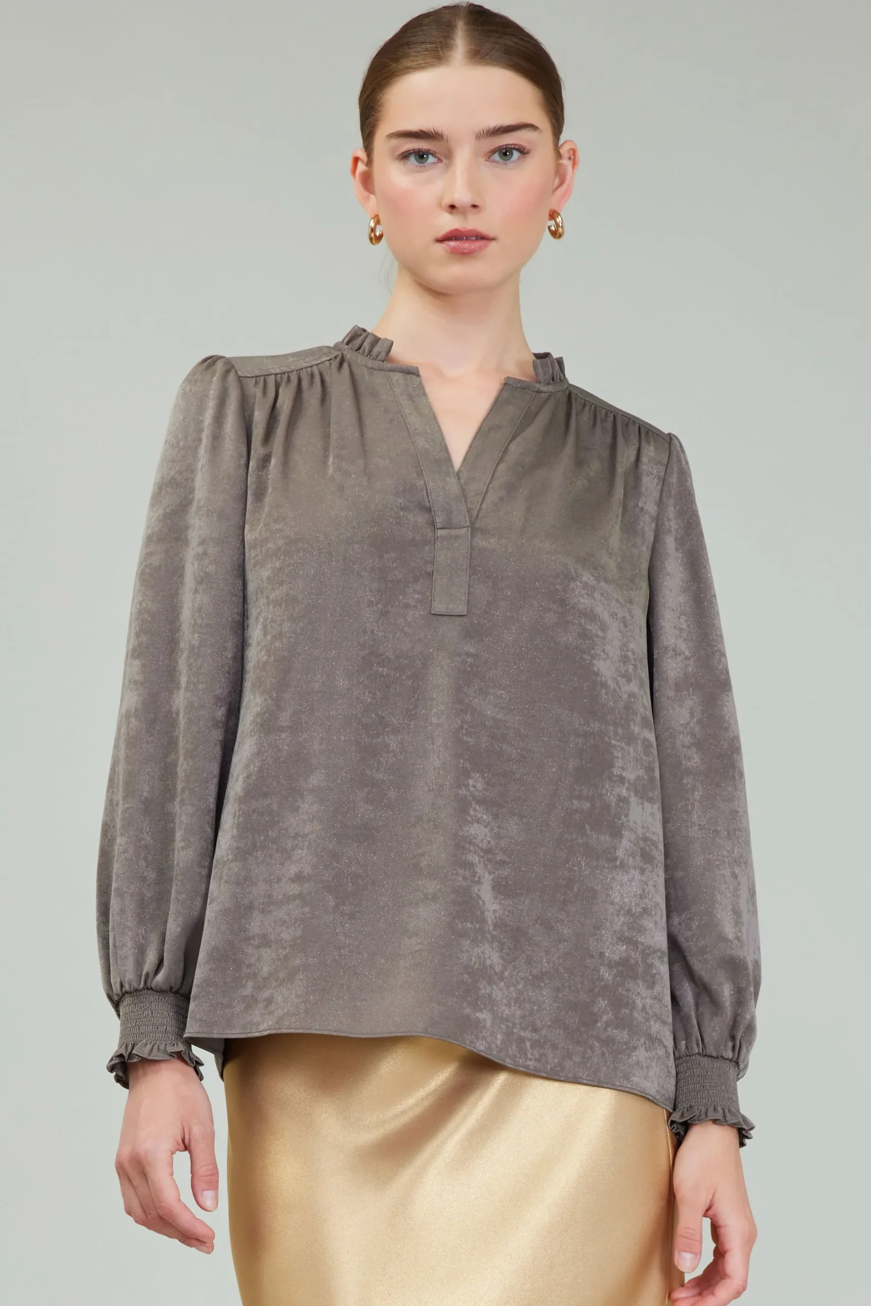Long Sleeve Tops-Current Air Glimmer Smocked Cuff Blouse DARKOLIVE