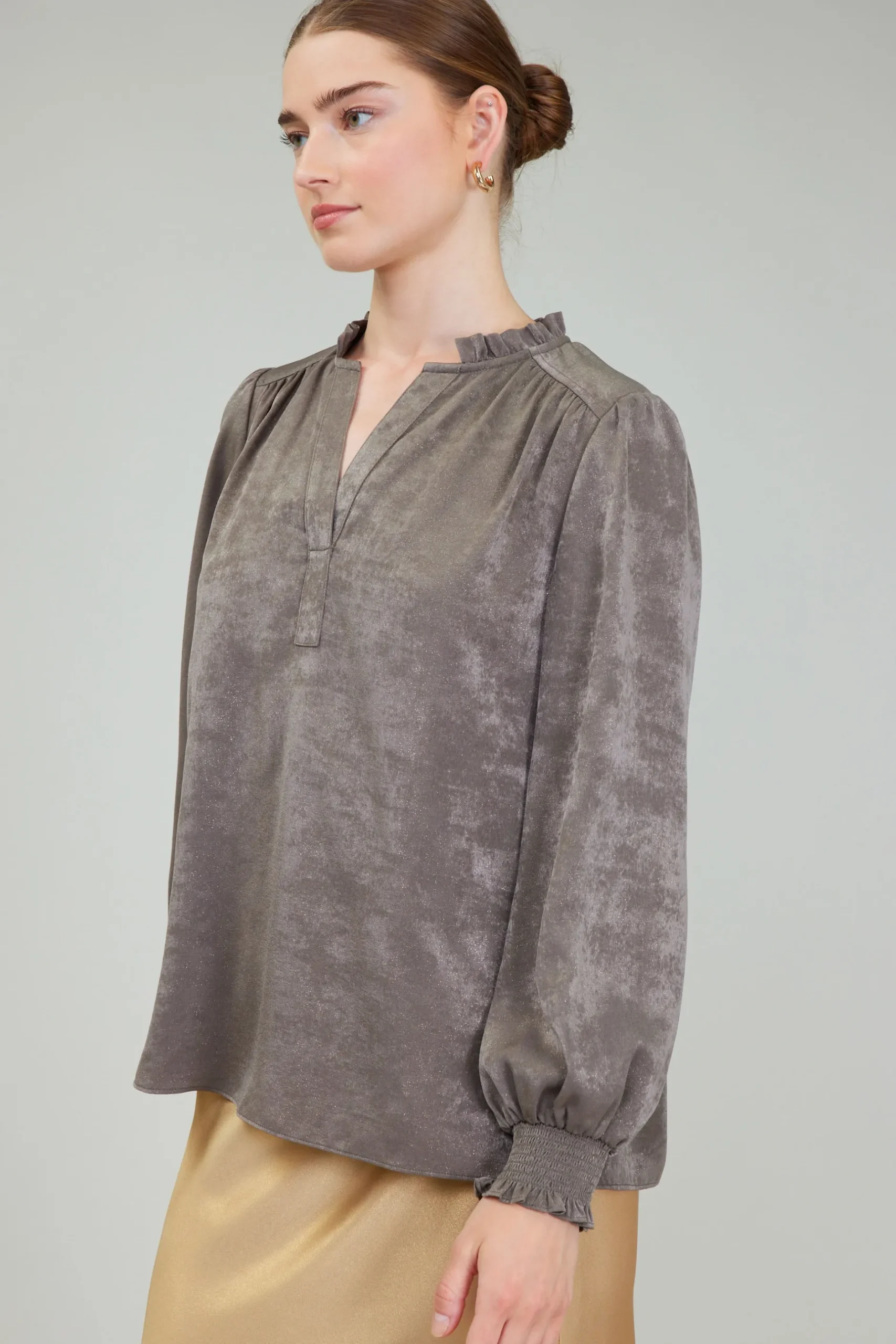 Long Sleeve Tops-Current Air Glimmer Smocked Cuff Blouse DARKOLIVE