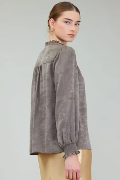 Long Sleeve Tops-Current Air Glimmer Smocked Cuff Blouse DARKOLIVE