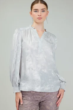 Long Sleeve Tops-Current Air Glimmer Smocked Cuff Blouse OYSTER