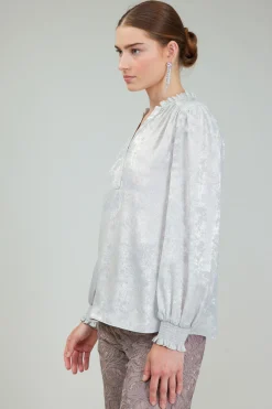Long Sleeve Tops-Current Air Glimmer Smocked Cuff Blouse OYSTER