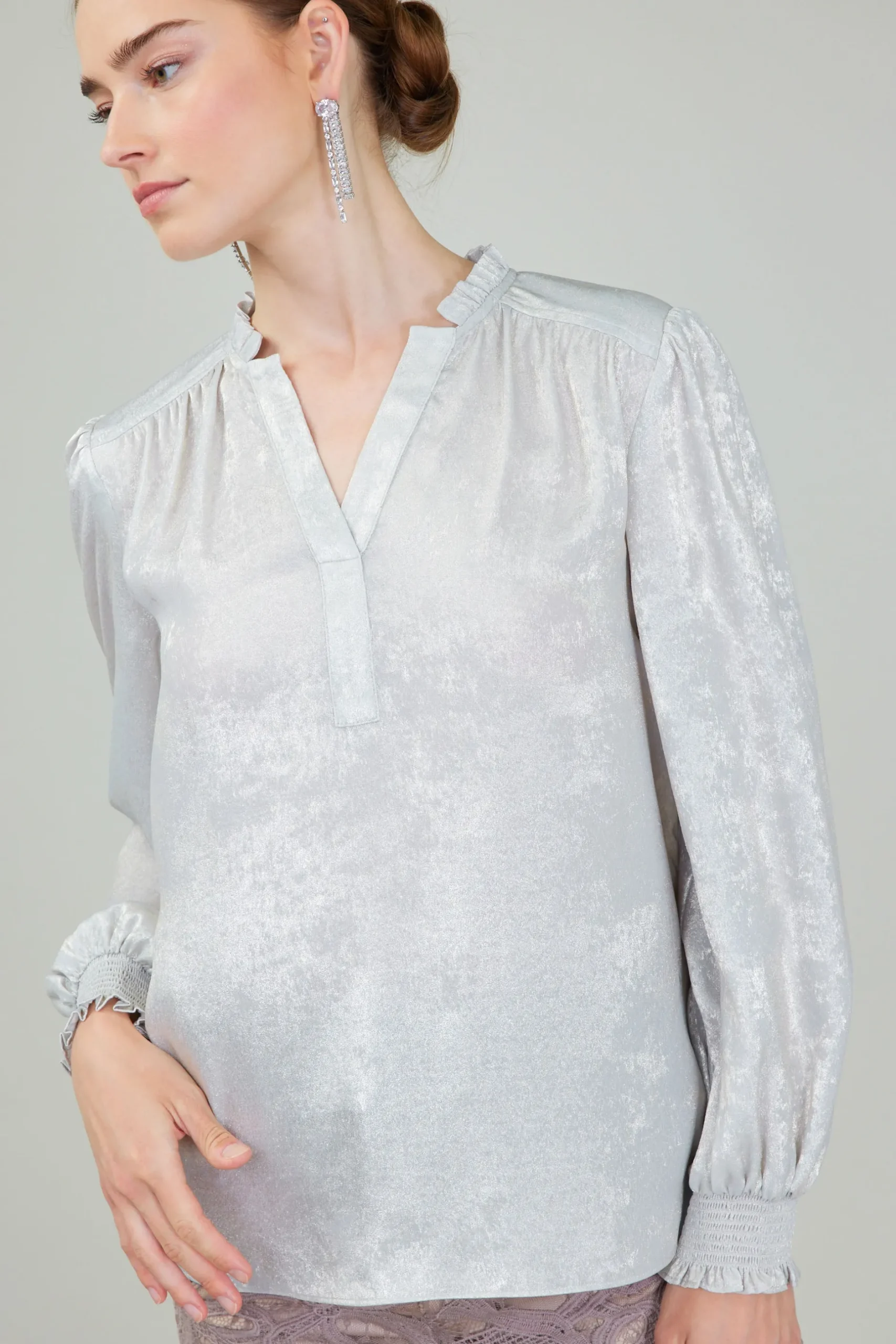 Long Sleeve Tops-Current Air Glimmer Smocked Cuff Blouse OYSTER