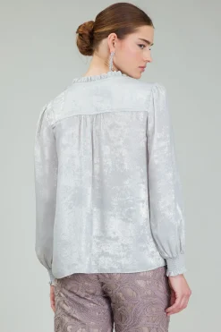 Long Sleeve Tops-Current Air Glimmer Smocked Cuff Blouse OYSTER