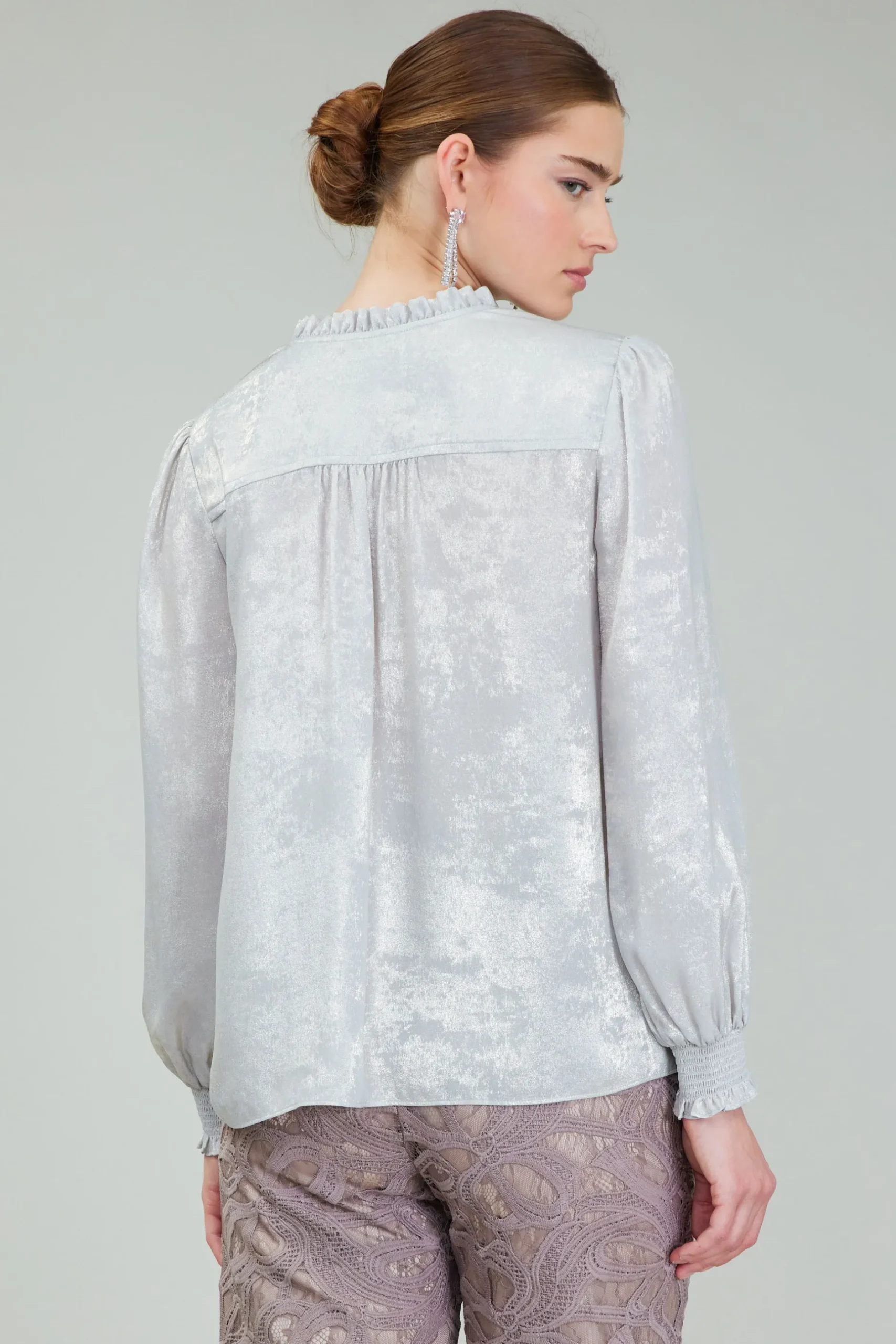 Long Sleeve Tops-Current Air Glimmer Smocked Cuff Blouse OYSTER