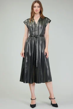 Midi Dresses-Current Air Glimmer Striped Midi Dress BLACKGOLD