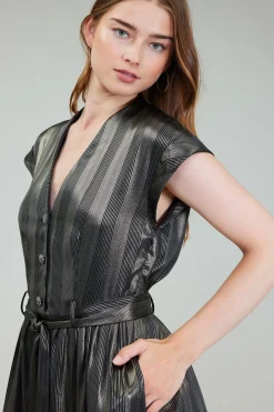 Midi Dresses-Current Air Glimmer Striped Midi Dress BLACKGOLD