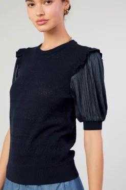 Knitwear|Short Sleeve Tops-Current Air Half Sleeve Contrast Top NAVY