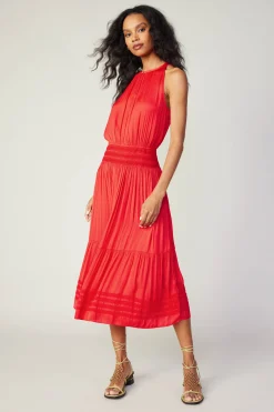 Midi Dresses-Current Air Halter Smocked Midi Dress RED