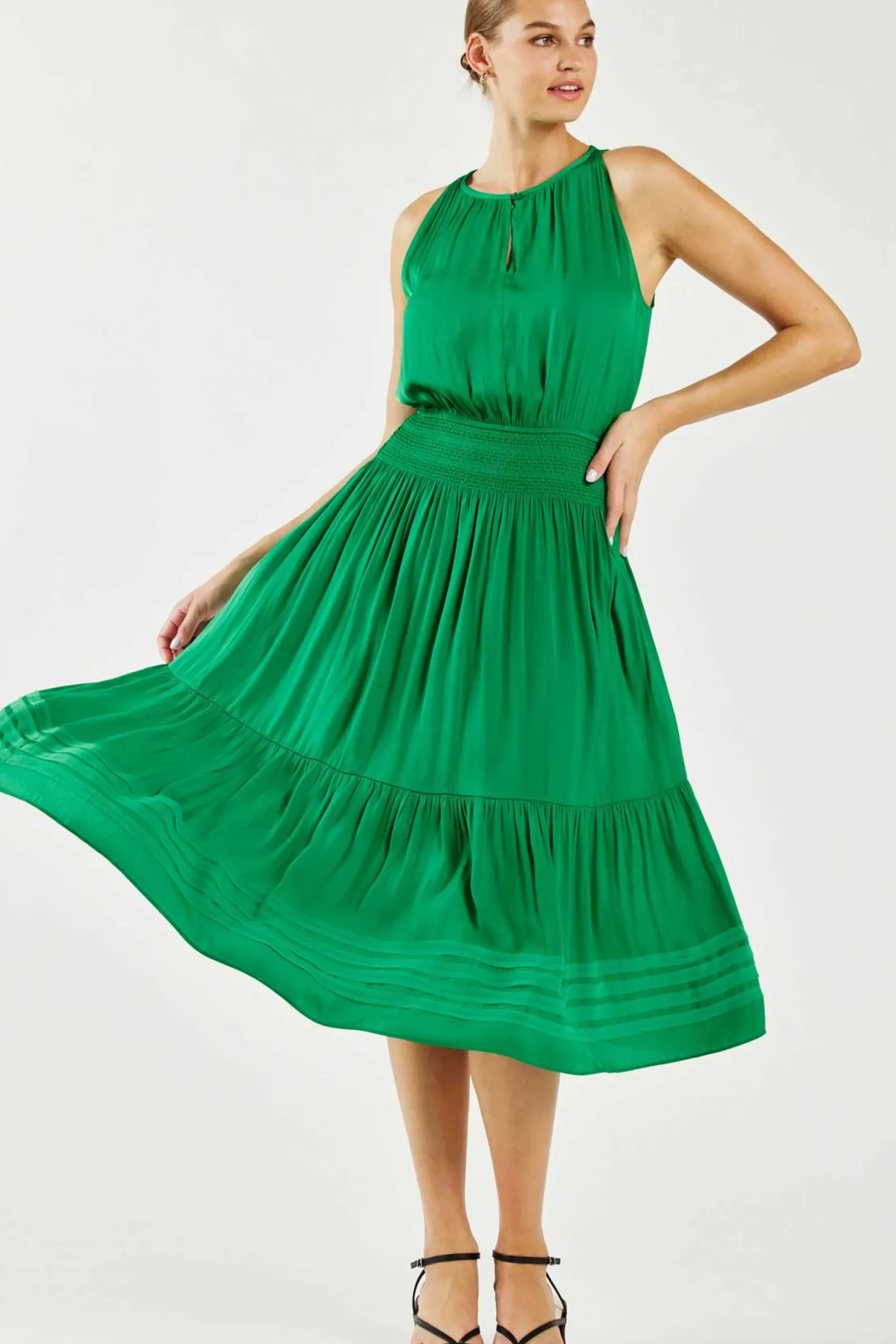 Midi Dresses-Current Air Halter Smocked Midi Dress DEEPSPRINGGREEN